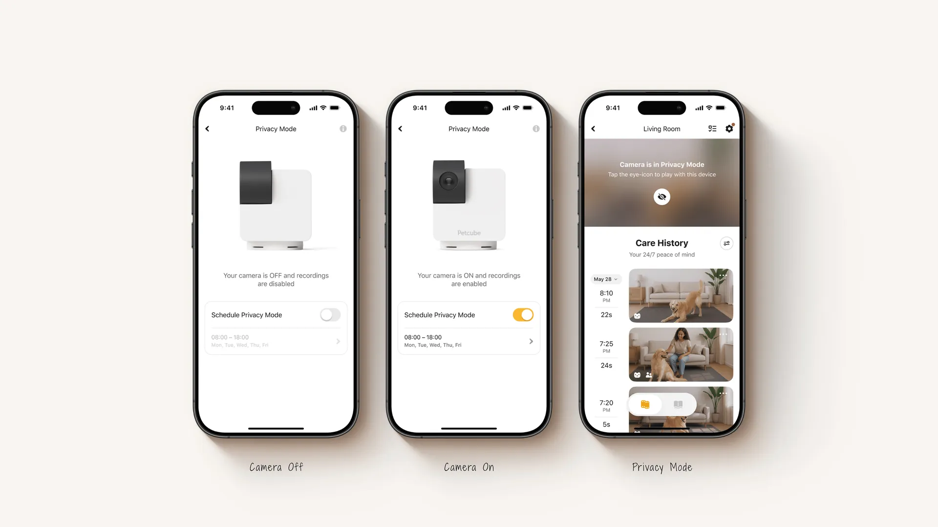 Privacy Mode in the Petcube app — Camera Off, Camera On and Privacy Mode screens