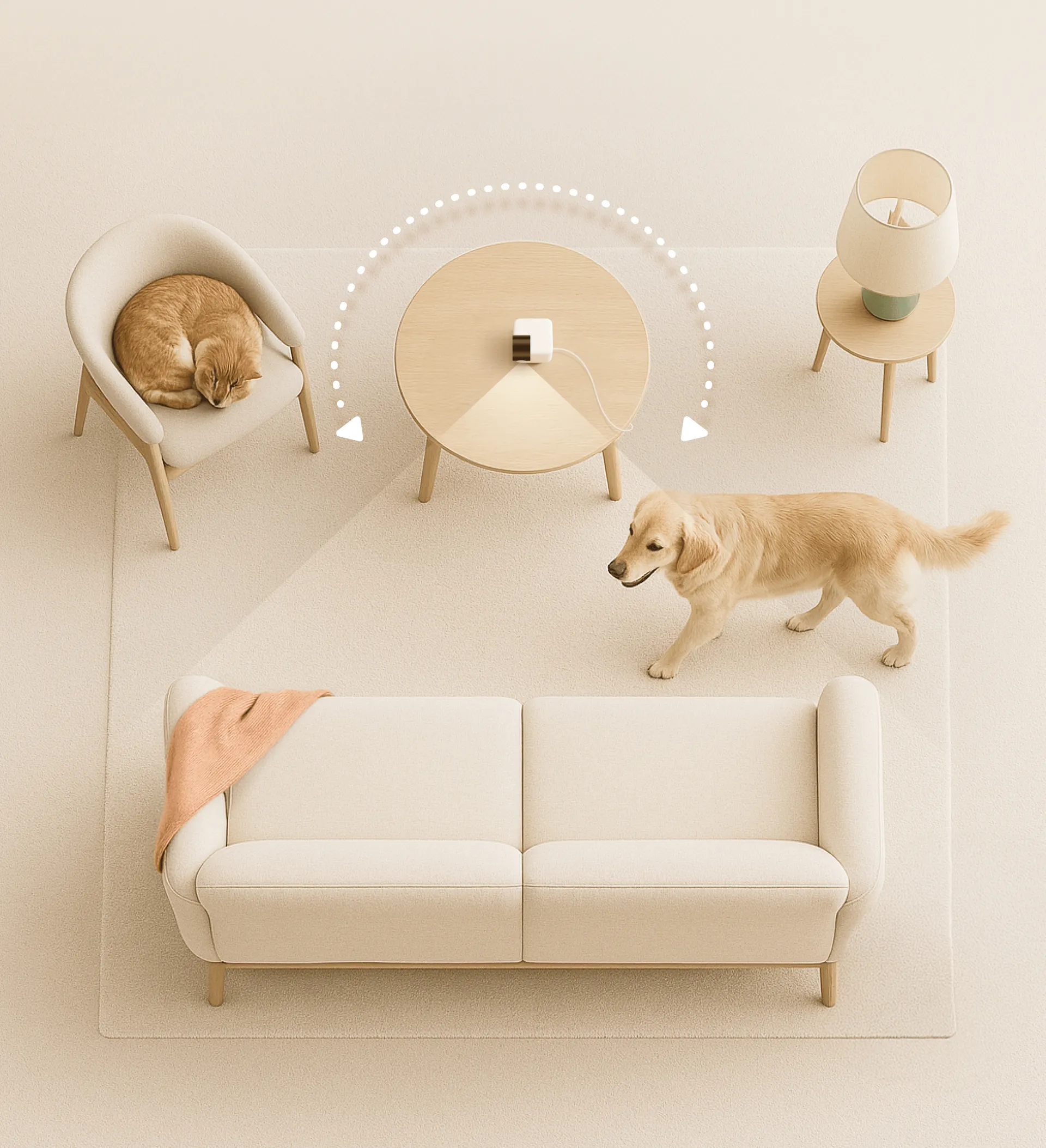 Top-down view of Cam 360 on a table, panning between a sleeping cat and a dog