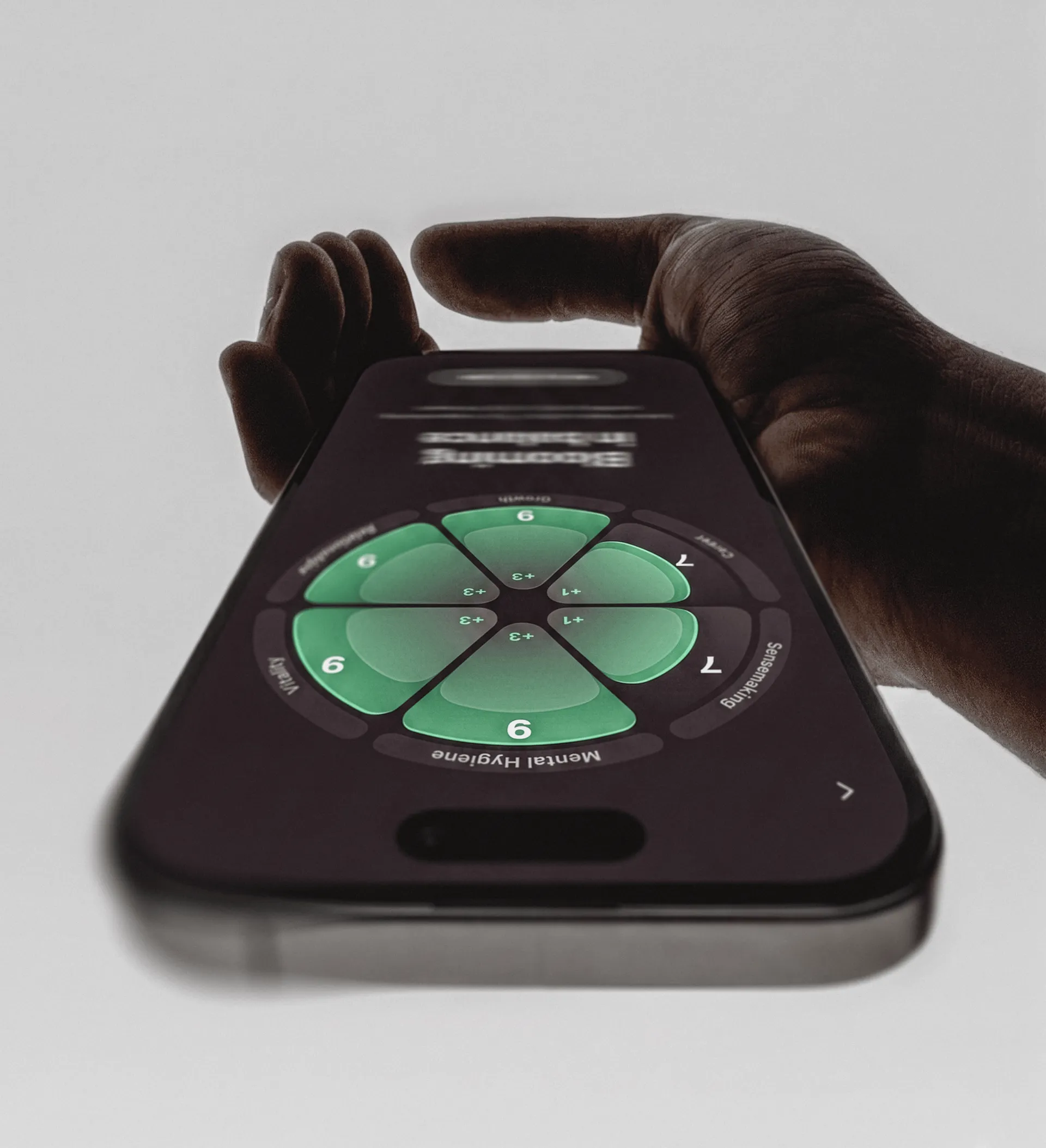 Goodly mood dial spread across a phone held flat