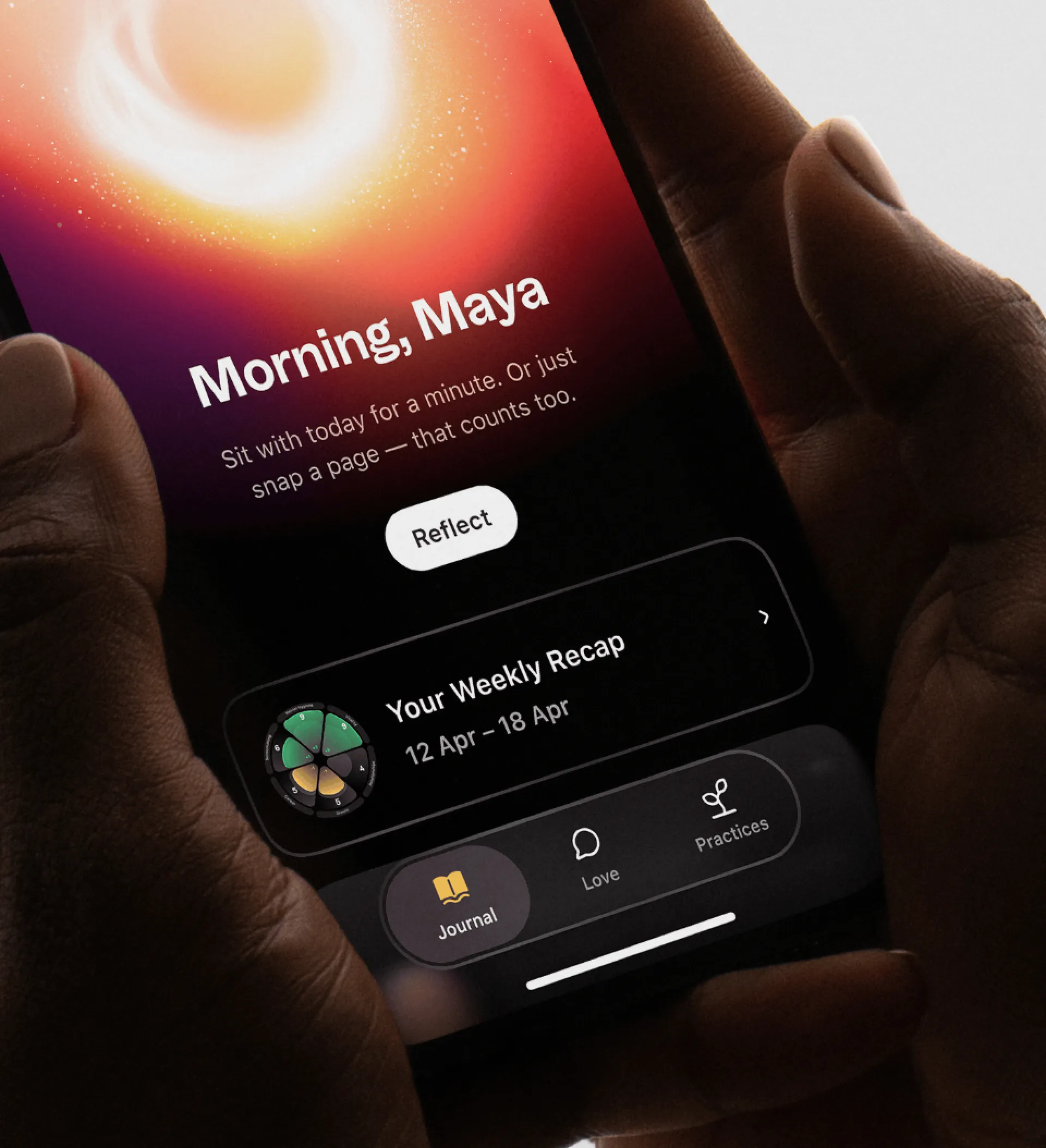 Goodly morning screen with a Reflect button and the Your Weekly Recap card